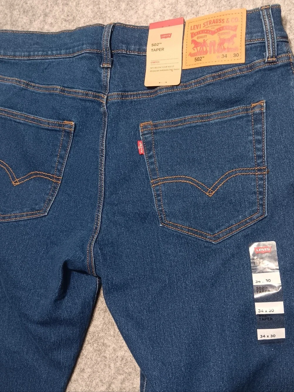 Levis 502 Jeans Mens 34x30 Blue Taper Fit Dark Wash Stretch Denim Preppy NEW
